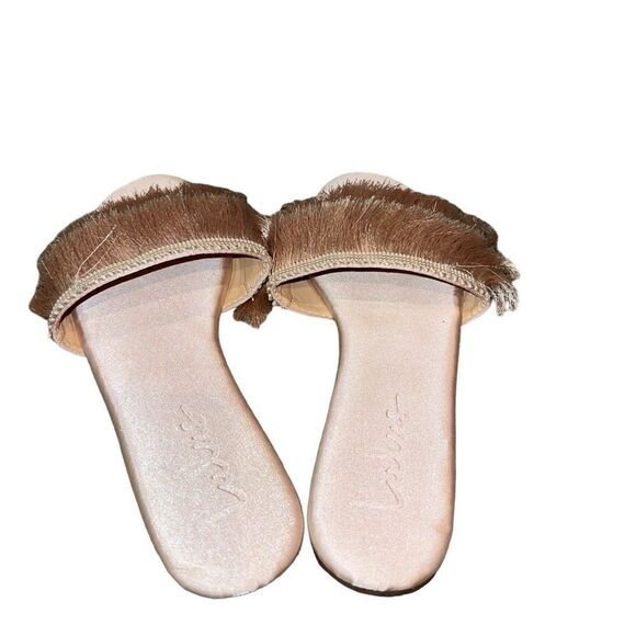 Maelie Light Nude Satin Fringe Slide Sandals size 8 - Picture 2 of 5